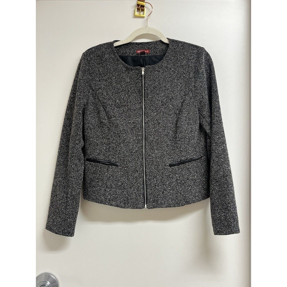 Vintage Merona Cropped Boucle Jacket Faux Leather Trim, Full Zip, Pockets Size S